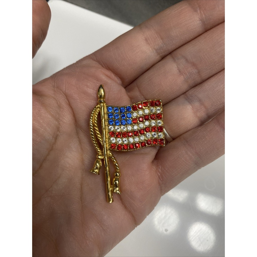 OTC International Jewelry Red White & Blue‎ Rhinestone American Flag Brooch